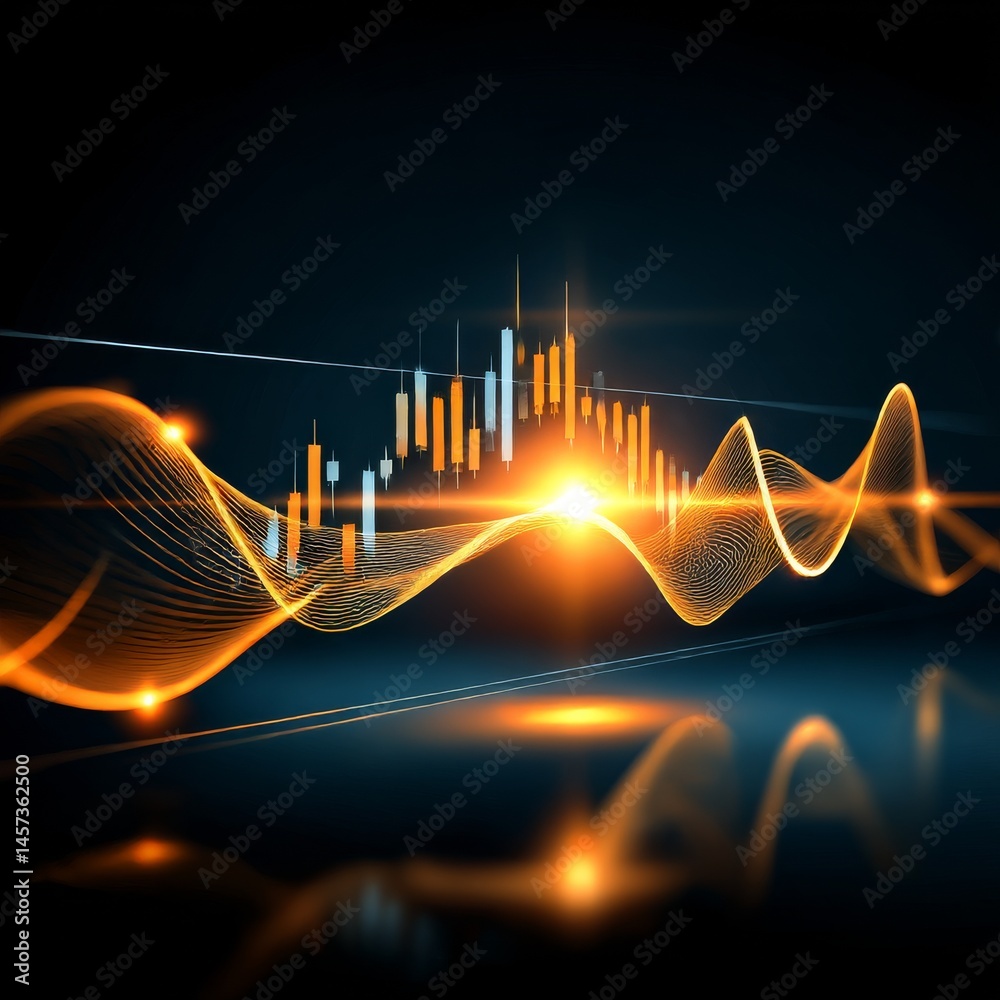 Fototapete financial data analysis: glowing candlestick chart with oscillating line on dark background visualiz