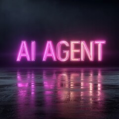 Obraz premium AI Agent Neon Sign Reflecting on Dark Wet Surface Futuristic Technology Concept