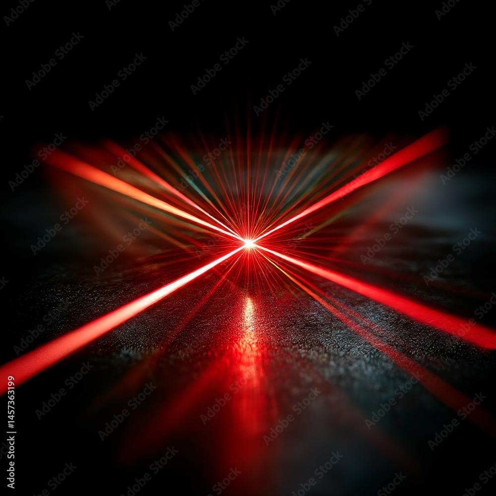 Poster Mysterious Red Light Rays Converging: A Mesmerizing Display of Light, Shadow, and Texture on Dark Surface.