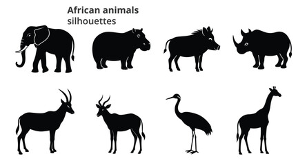Animal Silhouette or Logo Collection isolated on white background. Elephant, Hippopotamus, Eland, Oryx, Giraffe ,Wattled , Rhinoceros, Warthog,Fully customizable vector illustrations.