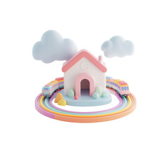Fototapeta premium Whimsical 3D Render of a Pastel House with Trains Circling a Rainbow Track