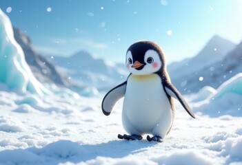 Obraz premium adorable penguin waddle playful snowy terrain cute animal winter landscape, ice, cold, bird, fauna, horizontal, glacier, creature, footprint, wing, movement