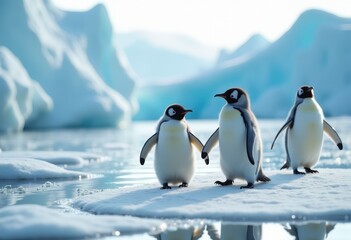 Obraz premium adorable penguins waddle icy shorelines charming antarctic landscape ice seascape cute wildlife, snow, animal, beach, coast, frigid, environment, habitat, cold