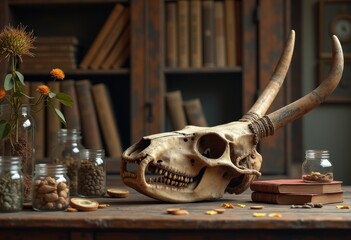 antique animal skull rustic display wood table vintage artifacts collection natural history curiosities, curiosity, decoration, object, elegant, interior