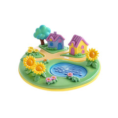 Obraz premium Whimsical Village Playset Colorful Houses, Sunflowers, and Pond on a Round Base
