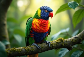 Obraz premium close vibrant tropical parrot perched branch lush green vista bright plumage fascinating details, bird, avian, feathers, wings, colorful, exotic, animal