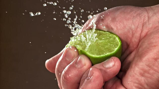 The chef squeezes lime juice. Filmed on a high-speed camera at 1000 fps. High quality FullHD footage