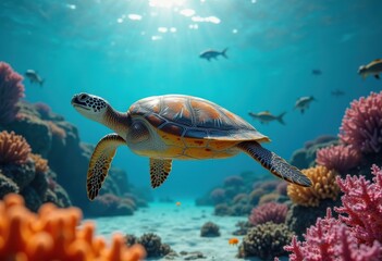 Obraz premium colorful sea turtle swimming through vibrant coral reef underwater scene marine life, fish, garden, aquatic, flora, ecosystem, diving, submarine, seascape