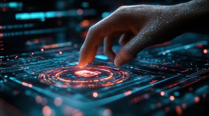 Hand interacting with a glowing digital interface displaying a security icon