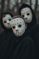 Group of Masked Figures in a Dark Forest.