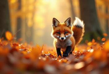curious fox explorer autumn leaves nature wildlife forest foliage orange yellow scenic, animal, woodland, branch, scrub, bush, meadow, underbrush, fur, tail