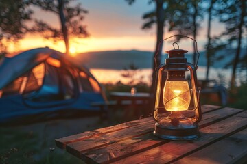 Camping acetylene lantern on wooden table with nature background and tent at sunset