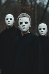 Group of masked figures in a forest.