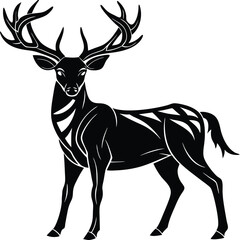 Stylized deer silhouette digital illustration featuring bold antlers in a graphic, minimalist style on a white background &mdash; perfect for nature prints, logos, tattoos, and decor