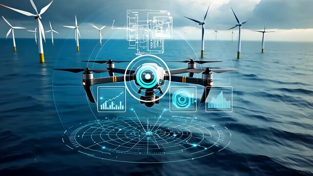 Futuristic drone flying over an offshore wind farm, displaying digital interface and data analysis, showcasing advanced technology and renewable energy.

