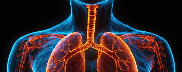 Highlighted human respiratory system showing lungs and trachea in vivid detail