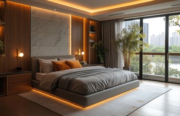 Fototapeta premium Modern bedroom, city view, luxury interior, warm lighting, tranquil setting, for real estate ads