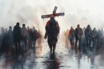 Symbolic depiction of Jesus carrying the cross surrounded by people in procession