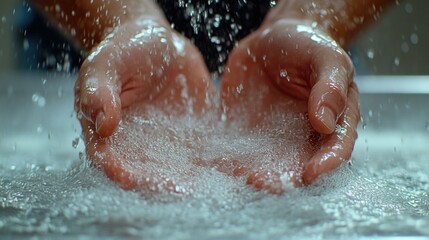 Hands washing, water droplets and lather
