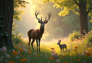 majestic deer serene forest clearing tranquil nature scene woodland animals wildlife habitat lush greenery calm environment, countryside, landscape, meadow