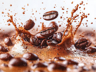 Granos de café salpicando en un líquido espumoso, capturando movimiento, textura y energía en una escena dinámica. energía del café se convierte en un espectáculo visual de dinámica de fluidos.