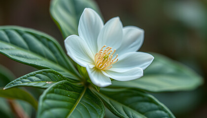 Delicate White Flower with Golden Stamens and Lush Green Leaves