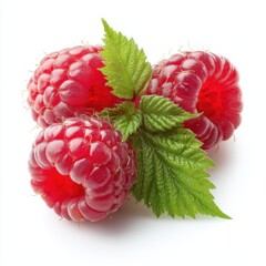 raspberries with leaves isolated on white background, three ripe raspberries with green leaves on white, raspberries isolated on white, three red raspberries with leaves, easy to cutout