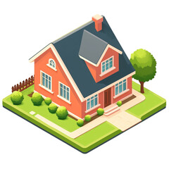 Cute orange house with gray roof green lawn and small bushes a lovely home