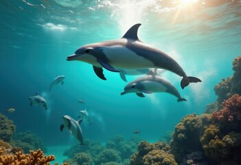 Fototapeta premium playful dolphins swimming turquoise water ocean seascape marine life aquatic adventure fun play, motion, blue, underwater, ecosystem, freshness, tide, waves
