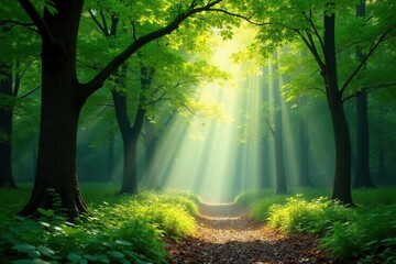 Sunlight dappled forest floor, lush green canopy, path, moss, environment