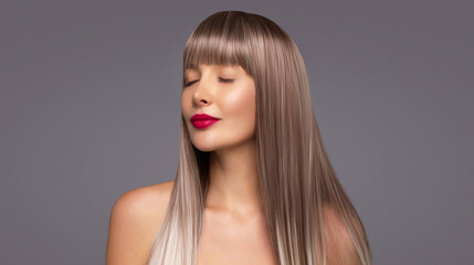 Elegant woman with long straight ombre hair and full bangs, wearing bold fuchsia lipstick and softly closing her eyes, posing confidently against a muted gray background..