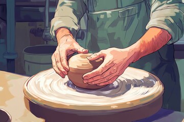 A potter's hands skillfully shape clay on a spinning wheel, creating a beautiful vessel.