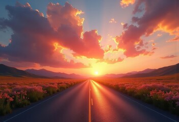 asphalt road dramatic sunset sky colors vibrant landscape journey scenic view nature, clouds, dusk, drive, scenery, tarmac, orange, pink, skyline, pavement