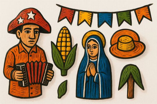 &Iacute;cones juninos com sanfoneiro e figura religiosa em estilo xilogravura