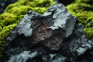 Fototapeta premium Dark volcanic rock covered with vibrant green moss, a stark contrast of textures and colors.
