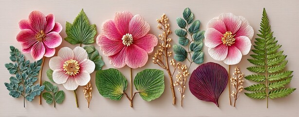 Botanical fine art photography collection, A colorful arrangement of handcrafted flowers and leaves. Botanical fine art inspired compositions, minimalist floral archive