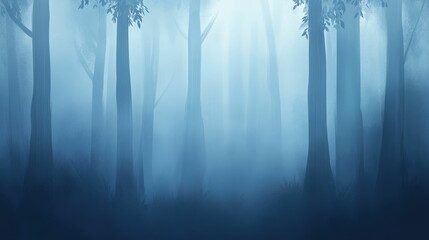 Misty blue forest, tall trees, tranquil scene.