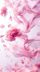 Delicate pink flower and silk, in motion, with petals