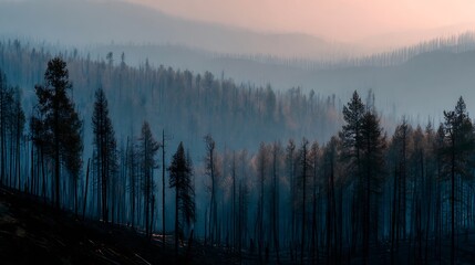 Obraz premium Misty forest after fire, damaged trees, hazy sunset