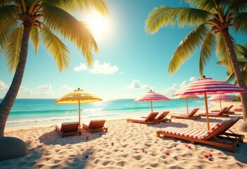 Obraz premium colorful beach umbrellas vibrant towels sunlit sandy shoreline coastal scene relaxation summer vibes, water, sunlight, summerc, vacation, palmtree, seaside