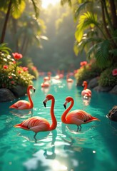 vibrant flamingo tropical lagoon wildlife habitat colorful water bird nature paradise, haven, exotic, reflection, feather, flora, fauna, ecosystem, vibrancy