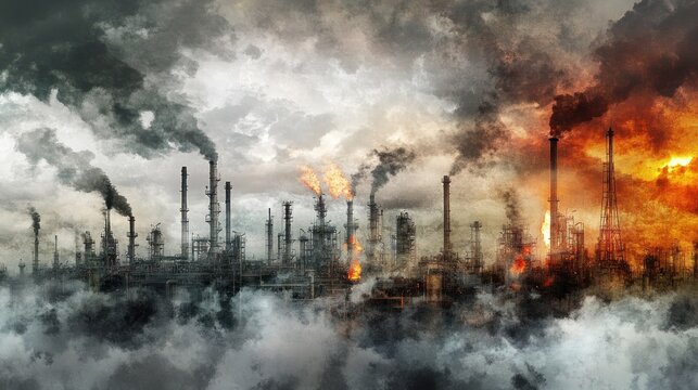 Industrial pollution smoke and fire in the sky