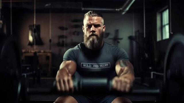 Muscular man demonstrating intense weightlifting workout in gym