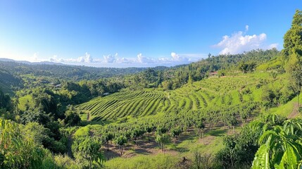 Vast hillside orchard, lush green trees, sunny sky.