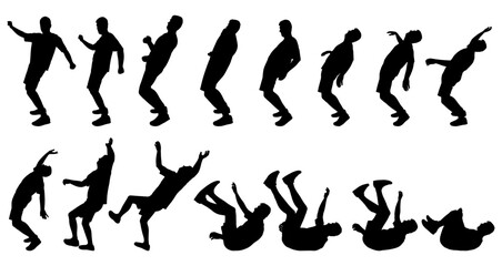 Bending and falling and fallen man, set of silhouettes. Vector illustration