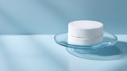 Simple White Cake on Glass Plate Over Pale Blue Matte Background