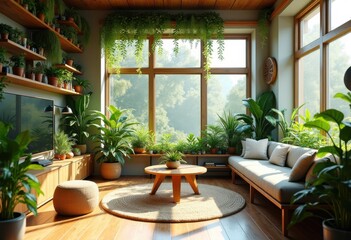 Fototapeta premium eco friendly home interior featuring abundant indoor plants bathed natural sunlight green living sustainable design, room, decoration, furniture, garden, air