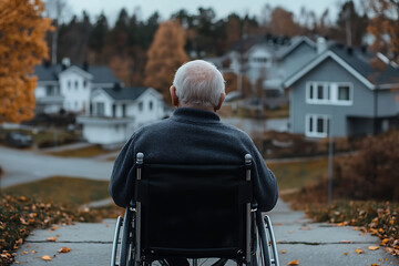Elderly man in wheelchair gazes at peaceful neighborhood, reflecting on life's journey. Serene scene evokes contemplation.