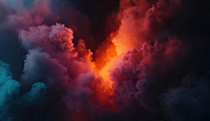 Fiery clouds swirl in a dramatic, colorful abstract landscape.  Dark hues of blue and purple contrast with vibrant orange and pink.  A central fiery core illuminates the scene