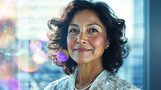 A woman with a pearl necklace and a smile on her face. She is wearing a white shirt and her hair is styled in a bun